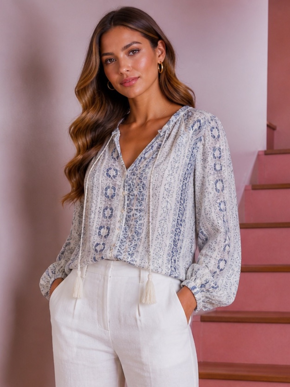 100% RAYON White Button up Blouse with Floral detail